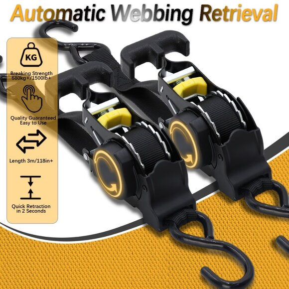 Heavy Duty Retractable Ratchet Straps (2-Pack) – Truck, Trailer and Garage Tool - Picture 13 of 16